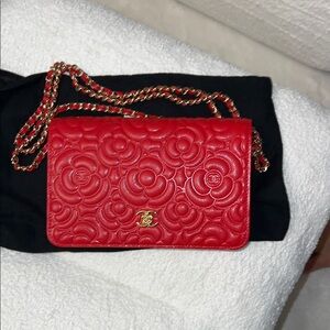 Chanel Red Camelia Embossed Crossbody Bag